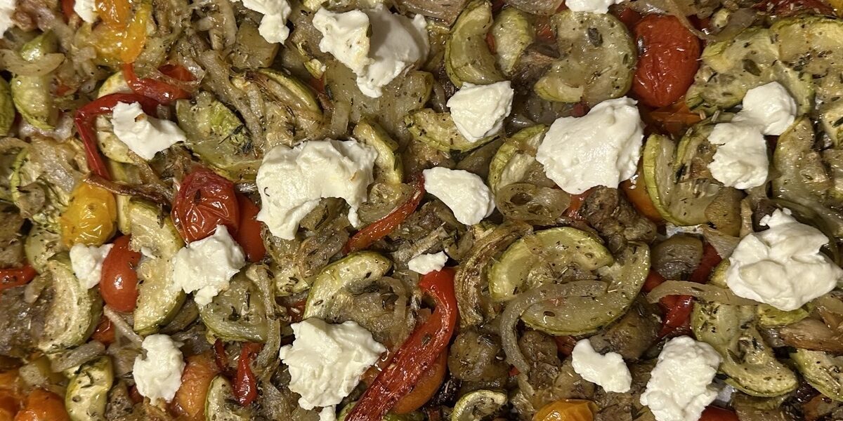 Sheet-Pan Ratatouille With Goat Cheese and Olives